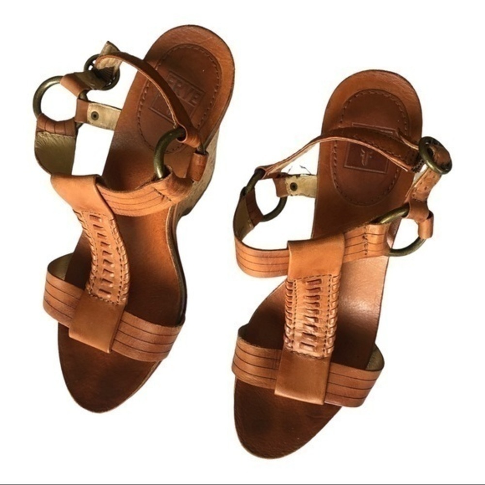 Frye Brown Leather Braylin Artisanal T Strap Cork Wedge Sandals Size 7M - Picture 9 of 9
